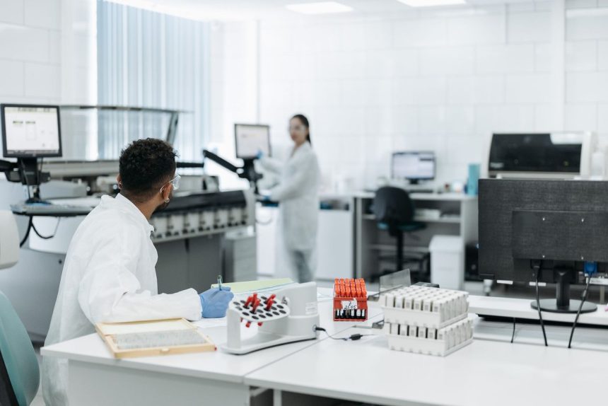 Pesquisadores trabalham com equipamentos de laboratório e analisam amostras durante uma atividade científica.